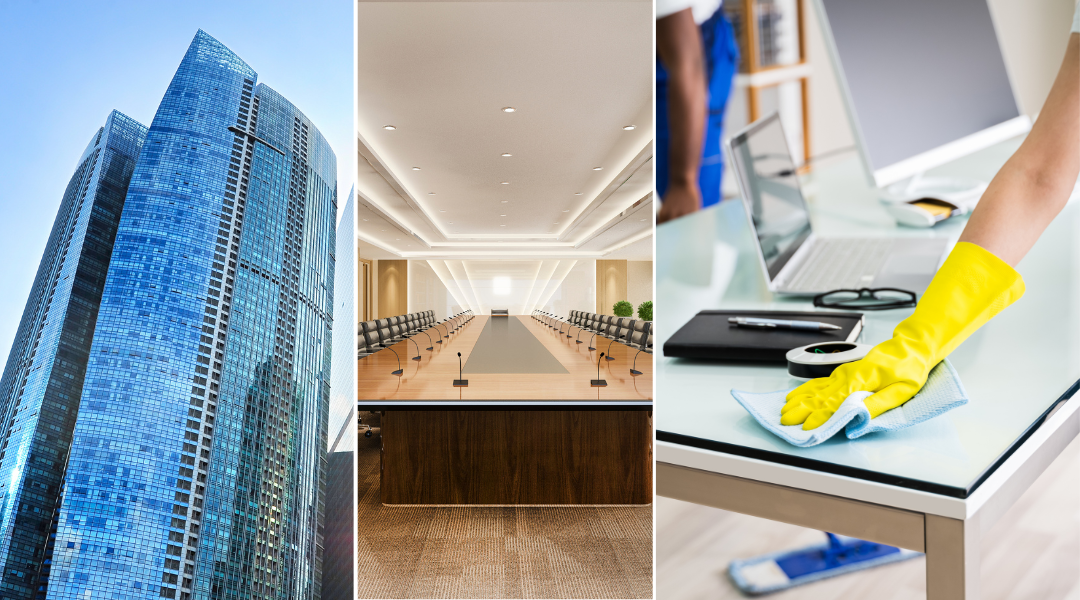 Exterior office building, conference room interior, cleaning  a desk